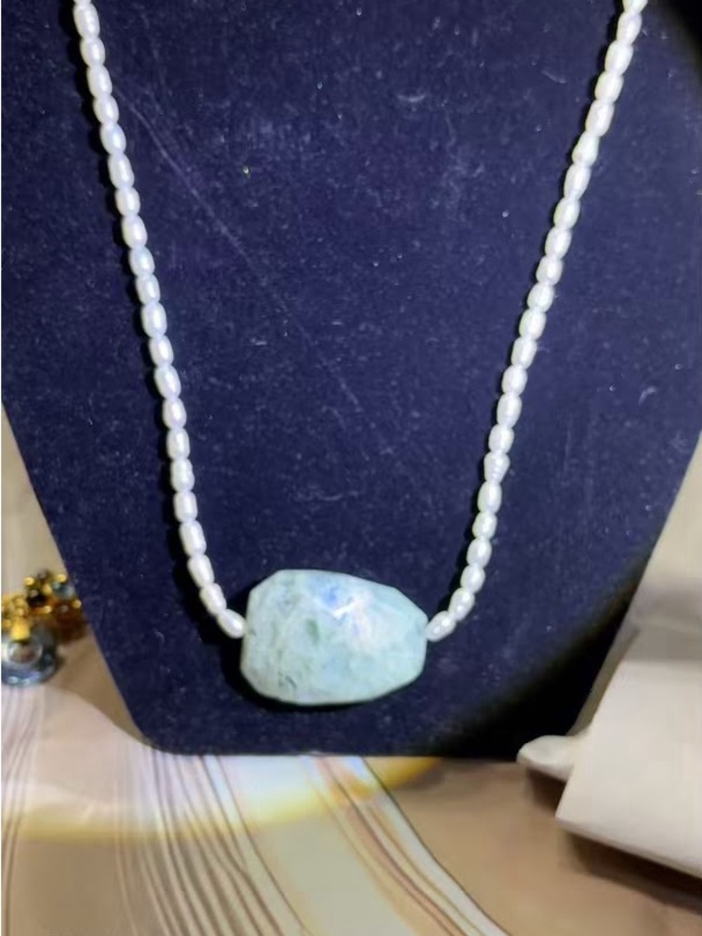 Freshwater Pearl Necklace With A Natural Prenite Gem
